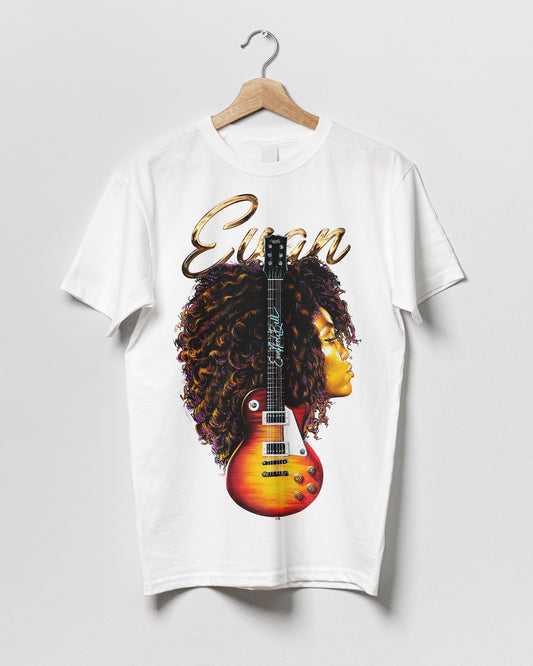 Evan Nicole Bell white short sleeve T-shirt hanging from white oak coat hanger