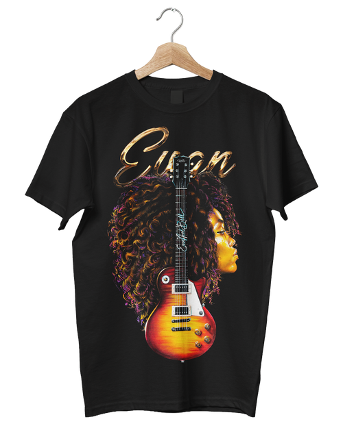 A black short-sleeve t-shirt hanging on a wooden hanger against a white background, featuring a graphic print of a sunburst electric guitar, a profile of Evan Nicole Bell with curly hair, and the name 'Evan' in gold script.