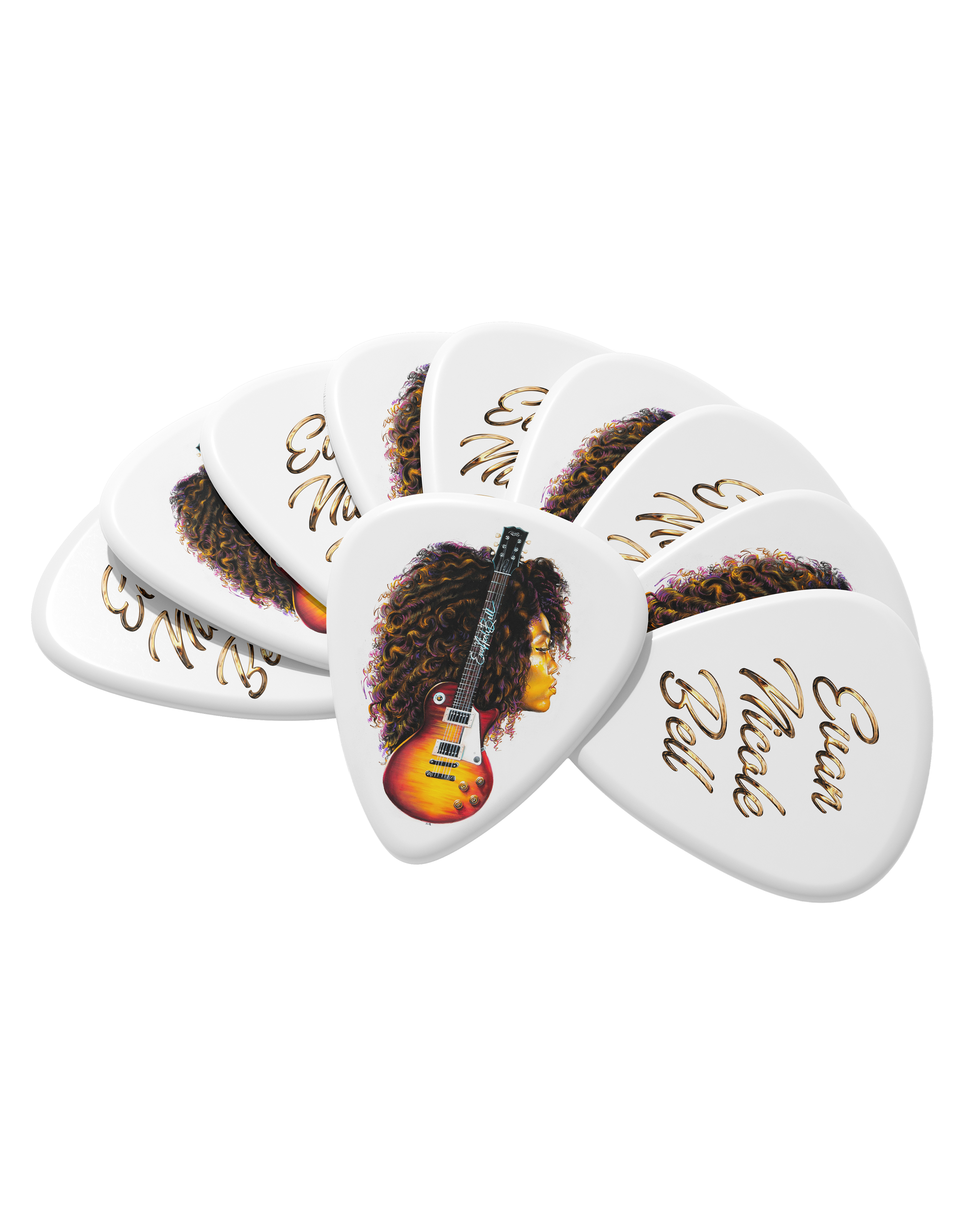 A fan arrangement of white guitar picks featuring gold cursive text reading 'Evan Nicole Bell' and a central pick with an illustration of a Les Paul electric guitar and Evan Nicole Bell's side profile with big curly hair, on a plain white background.