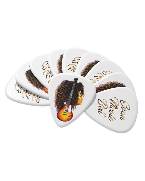 A fan arrangement of white guitar picks featuring gold cursive text reading 'Evan Nicole Bell' and a central pick with an illustration of a Les Paul electric guitar and Evan Nicole Bell's side profile with big curly hair, on a plain white background.