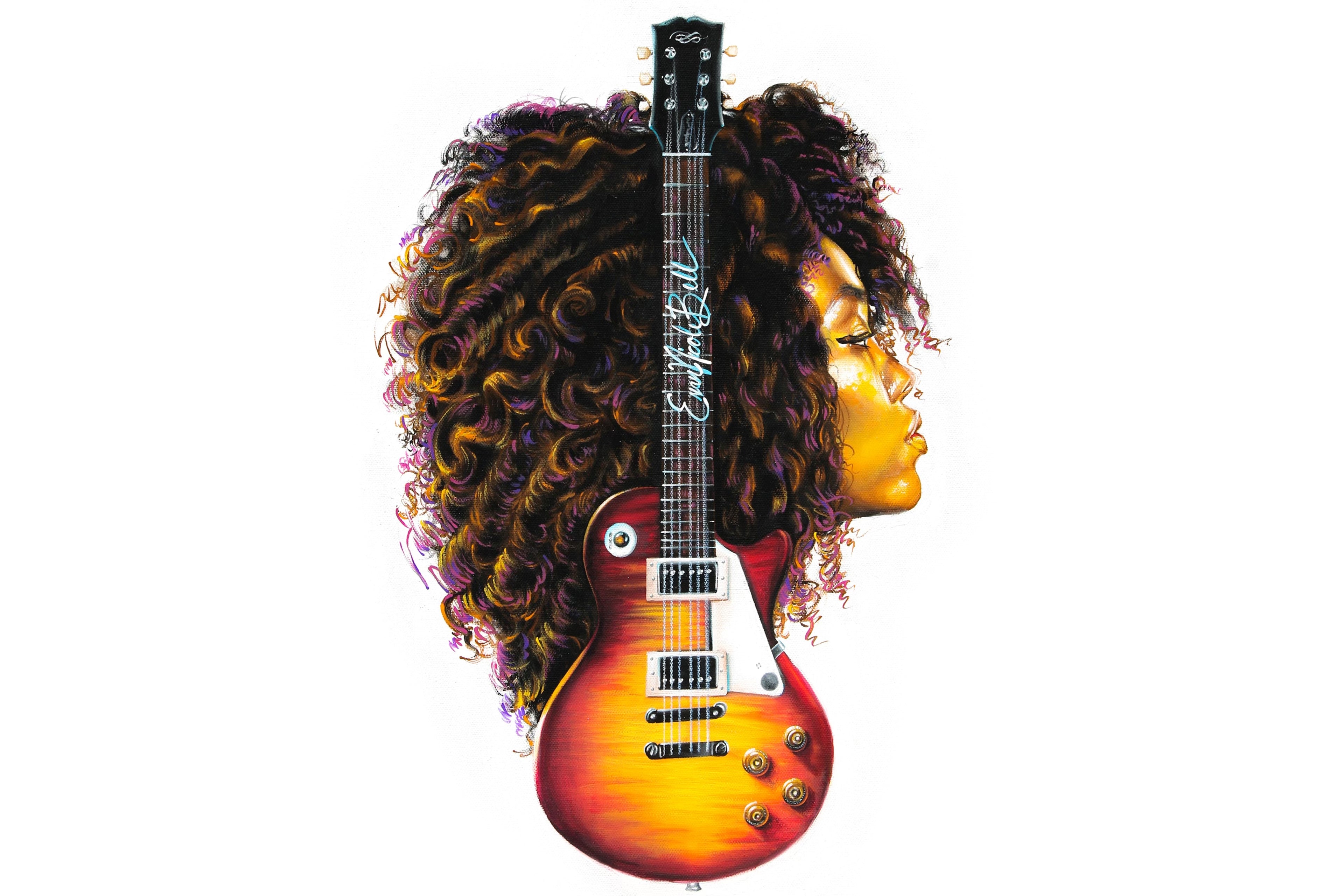 Album art for Evan Nicole Bell's debut EP, Runaway Girl. The album art is a hand-painted acrylic portrait by Baltimore artist G.Pack. It features Evan's side profile and a Les Paul-style guitar with her signature on the neck.